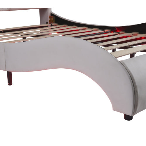 LYDARZ Queen Bed Frame White Faux Leather Platform Bed with LED Lights and Slatted Base - LYDARZ