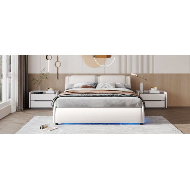 LYDARZ Queen Bed Frame White Faux Leather Platform Bed with LED Lights and Slatted Base - LYDARZ