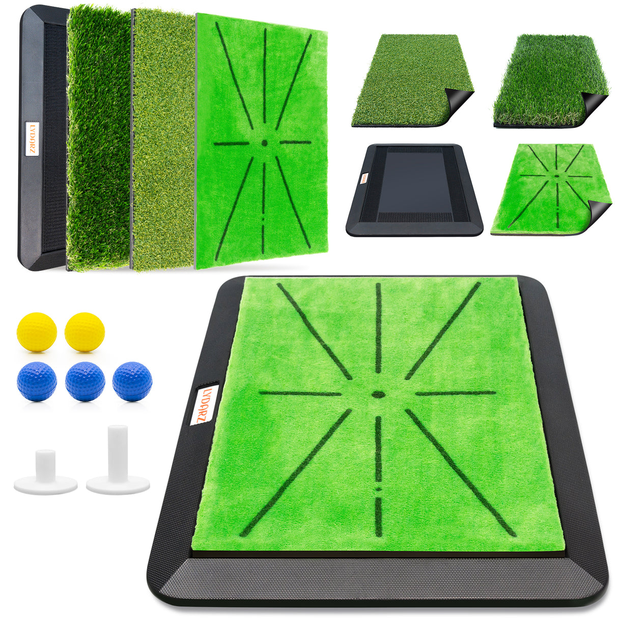 LYDARZ Golf Practice Mat - 3 Replaceable Mats with Swing Feedback & No-Slip Base - LYDARZ