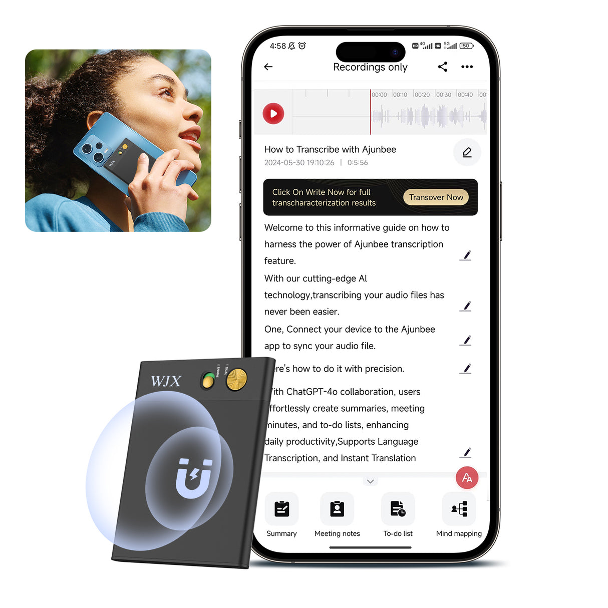 WJX AI Voice Recorder - 150 Languages, 64GB, App-Controlled - LYDARZ