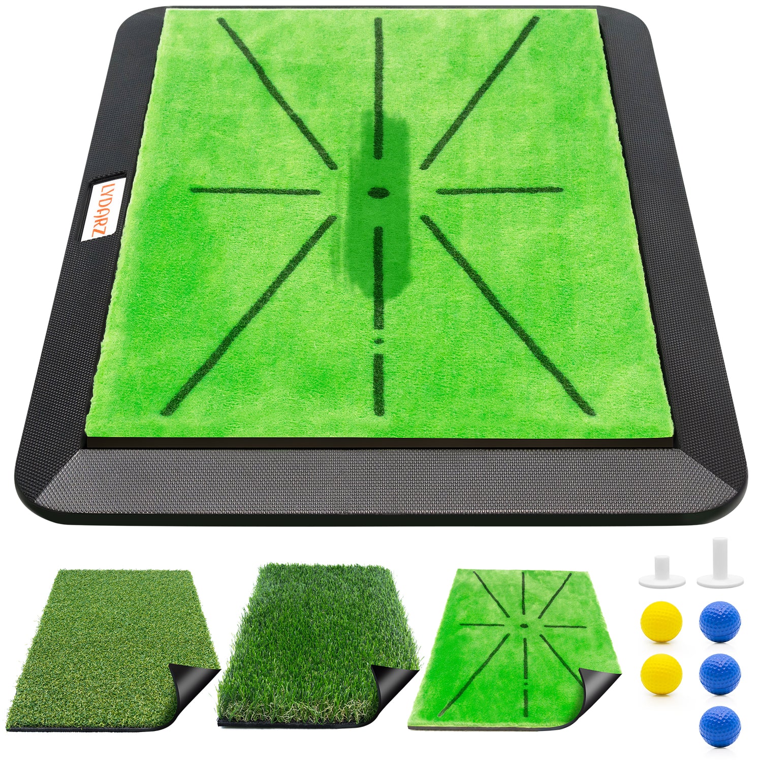 LYDARZ Golf Practice Mat - 3 Replaceable Mats with Swing Feedback & No-Slip Base - LYDARZ