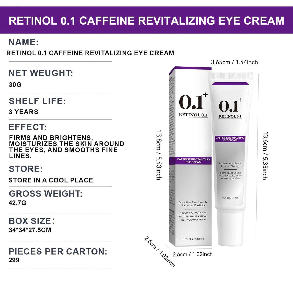 Retinol 0.1 Caffeine Revitalizing Eye Cream for Energized & Refreshed Look 30g - Smooths Fine Lines & Increases Elasticity