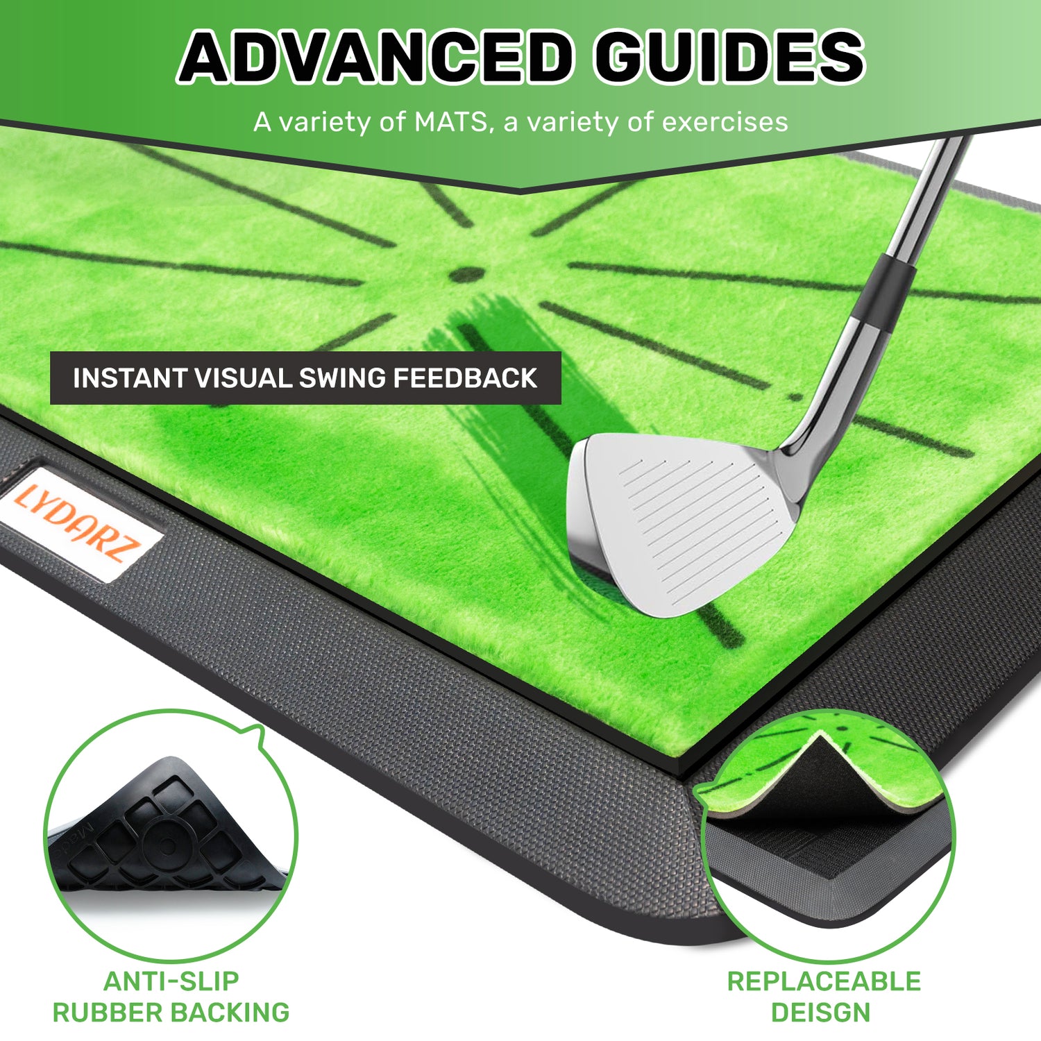 LYDARZ Golf Practice Mat - 3 Replaceable Mats with Swing Feedback & No-Slip Base - LYDARZ