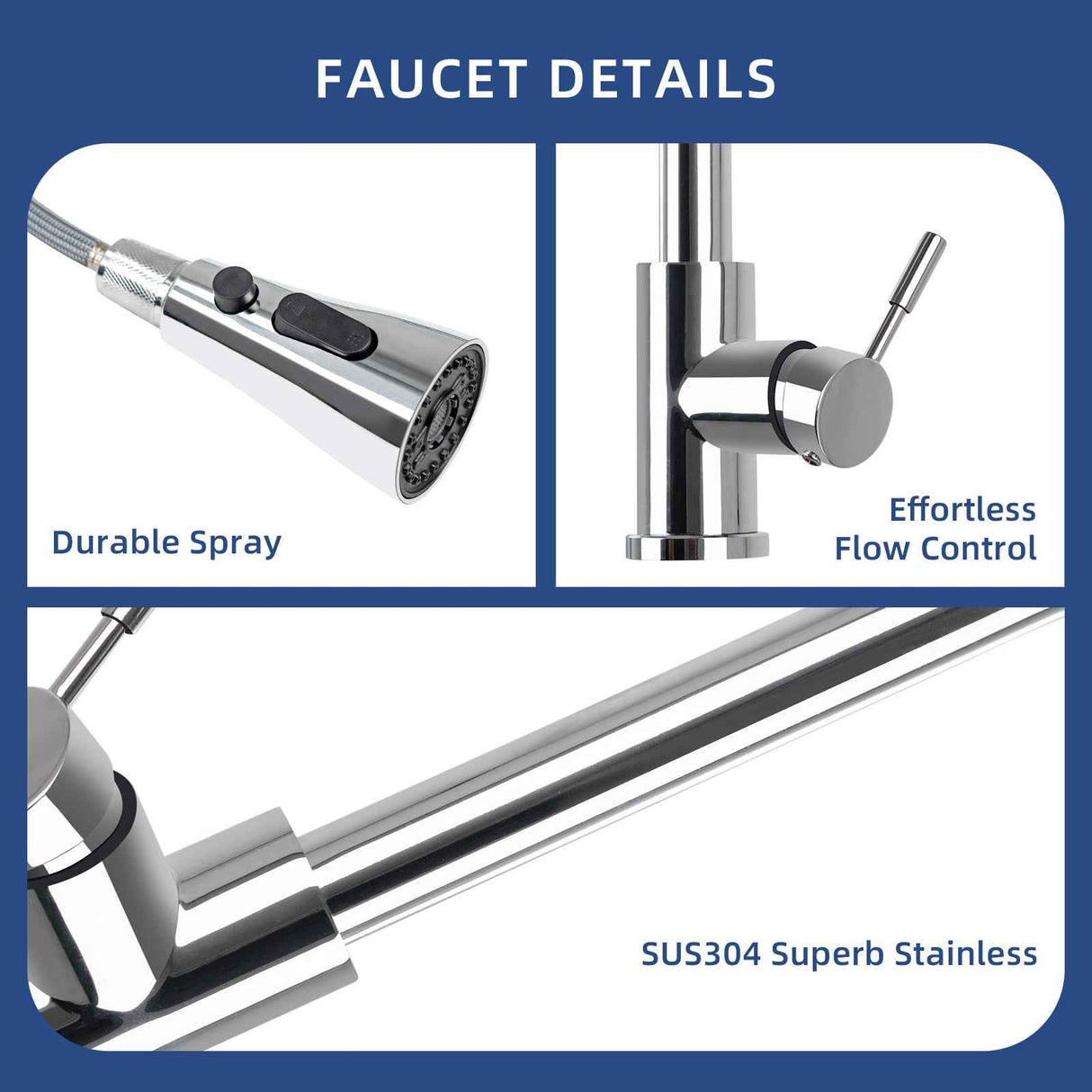 304 Stainless Steel Pull Down Kitchen Faucet with 4-Spray Modes, 360° Swivel & Quick-Reset Spray Head