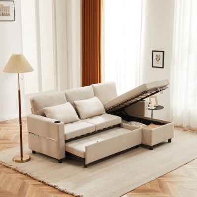 Sofa Bed, L-Shaped Corner Sofa, 3 Seater Pull Out Sofa With Storage, Convertible Settee Sectional Sofa For Living Room, Office, Beige