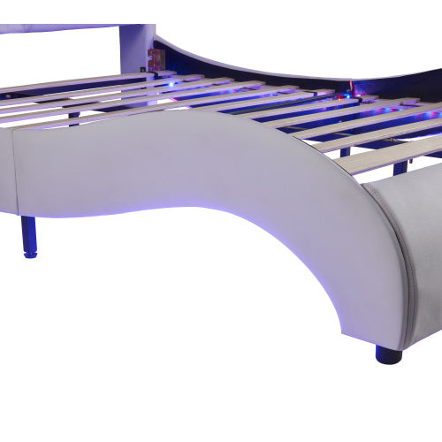 LYDARZ Queen Bed Frame White Faux Leather Platform Bed with LED Lights and Slatted Base - LYDARZ
