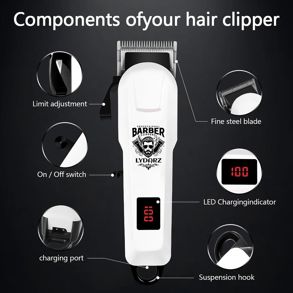 LYDARZ 809D 4 In 1 White Hair Clippers for Men Electric Shavers Ceramic T-Blade Professional Beard Trimmer Kits & Sets Brush Flawless Adjustable Attachment