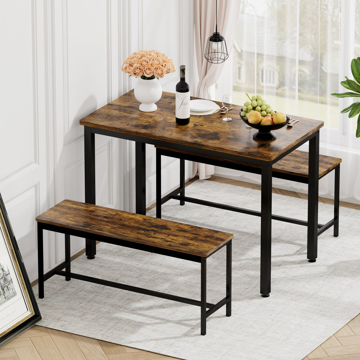 Industrial Dining Table Set with 2 Benches & Chairs, Rustic Brown & Black - 43.3" x 23.6" x 29.9"