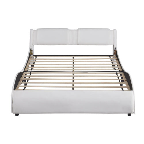 LYDARZ Queen Bed Frame White Faux Leather Platform Bed with LED Lights and Slatted Base - LYDARZ