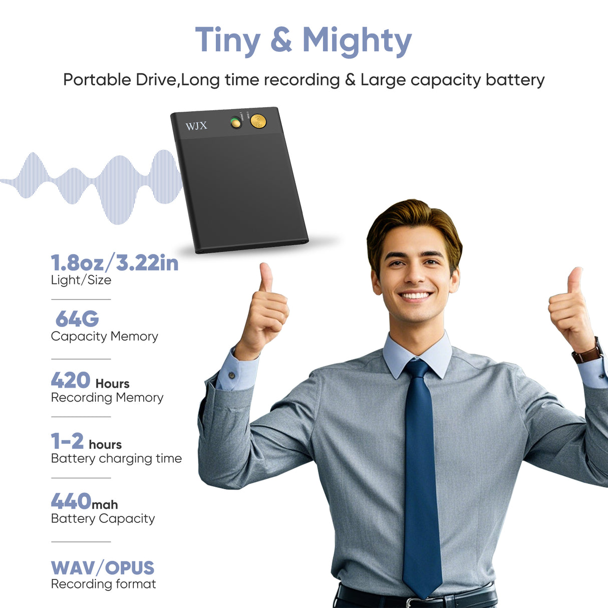 WJX AI Voice Recorder - 150 Languages, 64GB, App-Controlled - LYDARZ