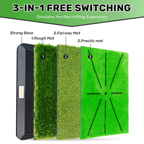 LYDARZ Golf Practice Mat - 3 Replaceable Mats with Swing Feedback & No-Slip Base - LYDARZ