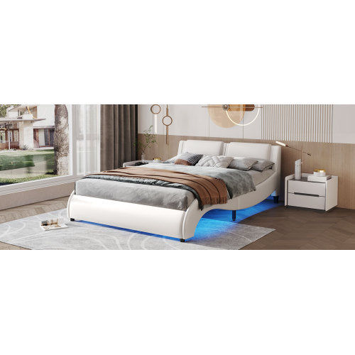 LYDARZ Queen Bed Frame White Faux Leather Platform Bed with LED Lights and Slatted Base - LYDARZ