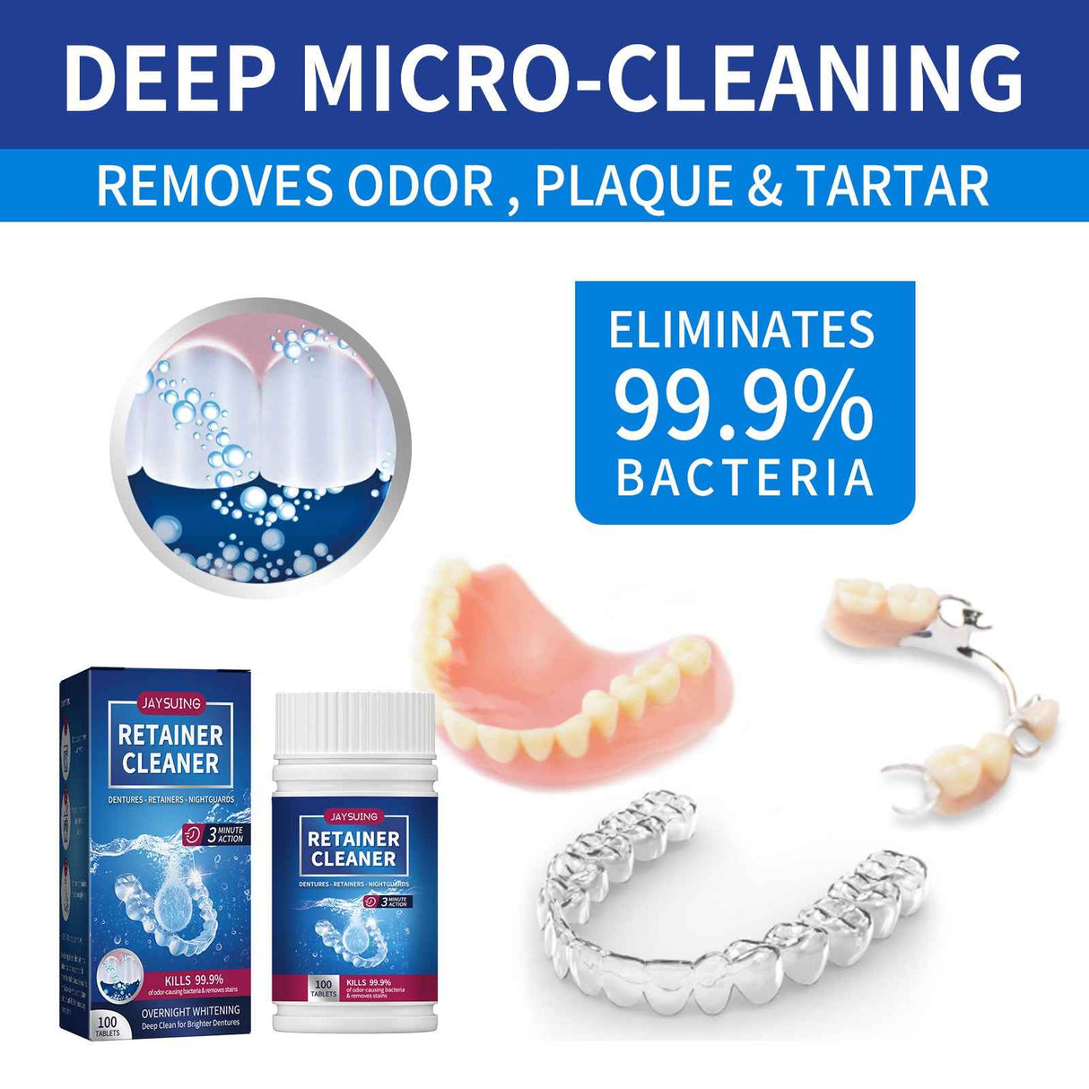 Jaysuing Denture Cleaning Tablets – Deep Cleaning Tablets for Stain Removal and Fresh Breath