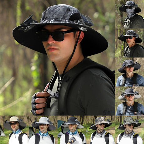 Solar Powered Outdoor Sun Hat with USB Charging & Adjustable Wide Brim for Fishing - LYDARZ
