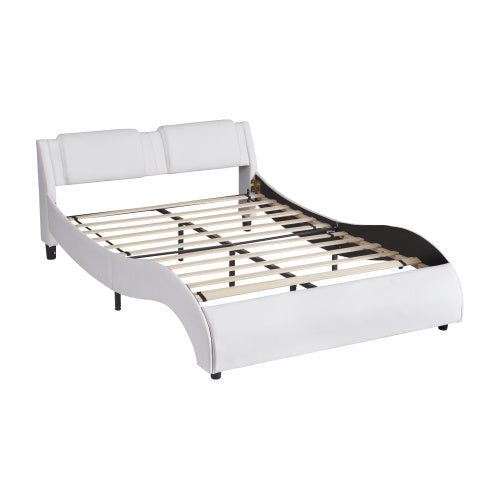 LYDARZ Queen Bed Frame White Faux Leather Platform Bed with LED Lights and Slatted Base - LYDARZ