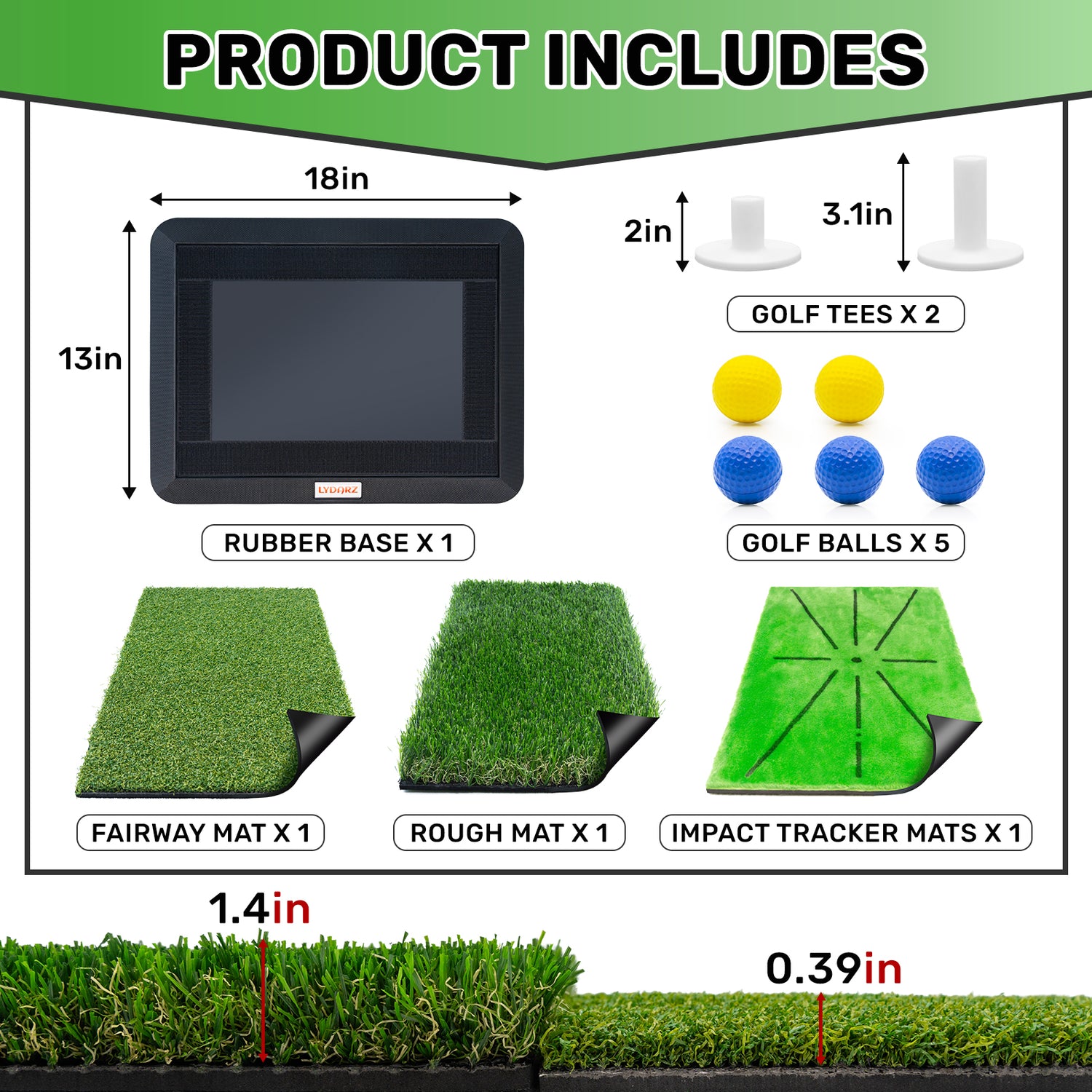 LYDARZ Golf Practice Mat - 3 Replaceable Mats with Swing Feedback & No-Slip Base - LYDARZ