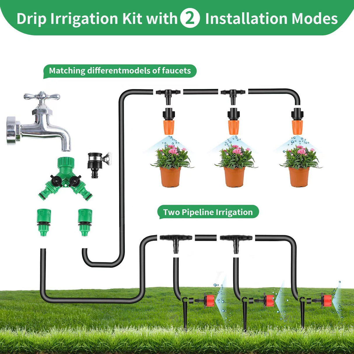 164FT Garden Drip Irrigation Kit with Adjustable Misting Nozzles & Tubing - LYDARZ
