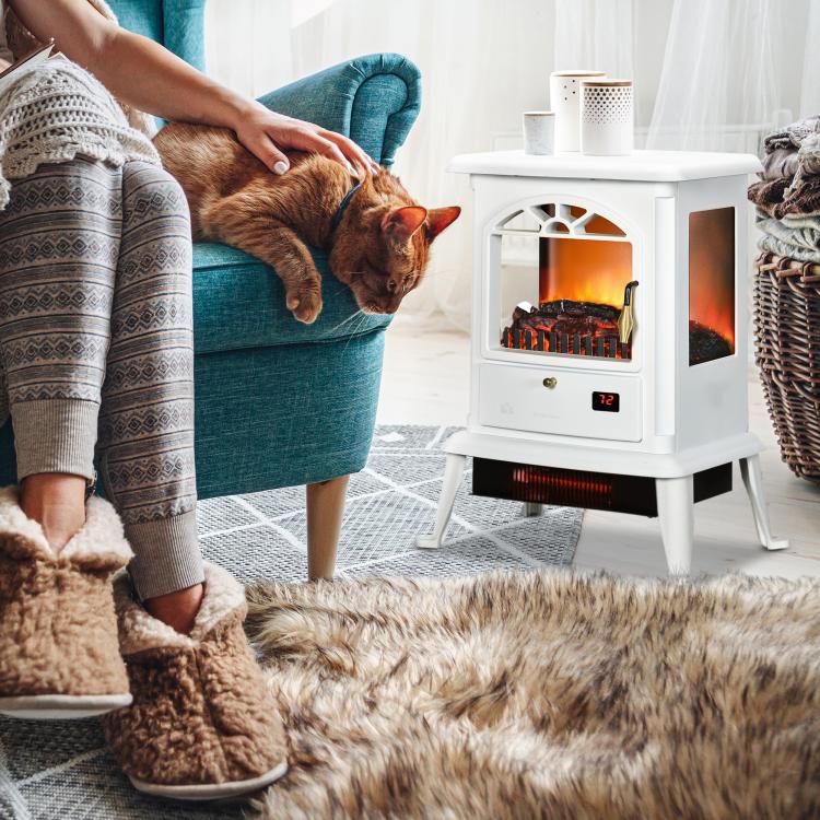 23 inch Electric Infrared Fireplace Stove, Freestanding Fire Place Heater with Realistic Log Flame, Adjustable Temperature, Timer, 1000W/1500W, White