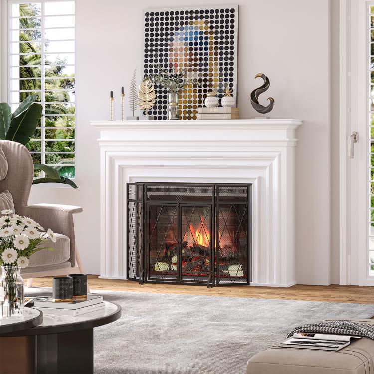 3-Panel Folding Fireplace Screen for Wood Burning with Double Doors, Home Heavy Duty Steel Fire Spark Guard, 47.25 inch W x 31 inch H, Black
