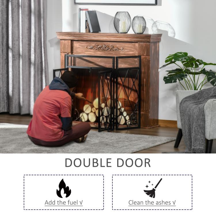 3-Panel Folding Fireplace Screen for Wood Burning with Double Doors, Home Heavy Duty Steel Fire Spark Guard, 47.25 inch W x 31 inch H, Black