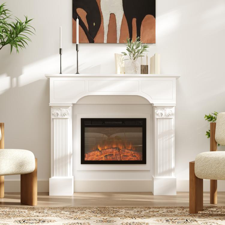 Baroque Fireplace Mantle, Freestanding Fireplace Surround for Electric Fireplaces, 43.3 inch W x 42.8 inch H, White