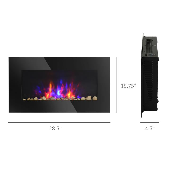 28.5 inch 1450W Electric Wall-Mounted Fireplace with Flame Effect, 7 Color Background Light, Black