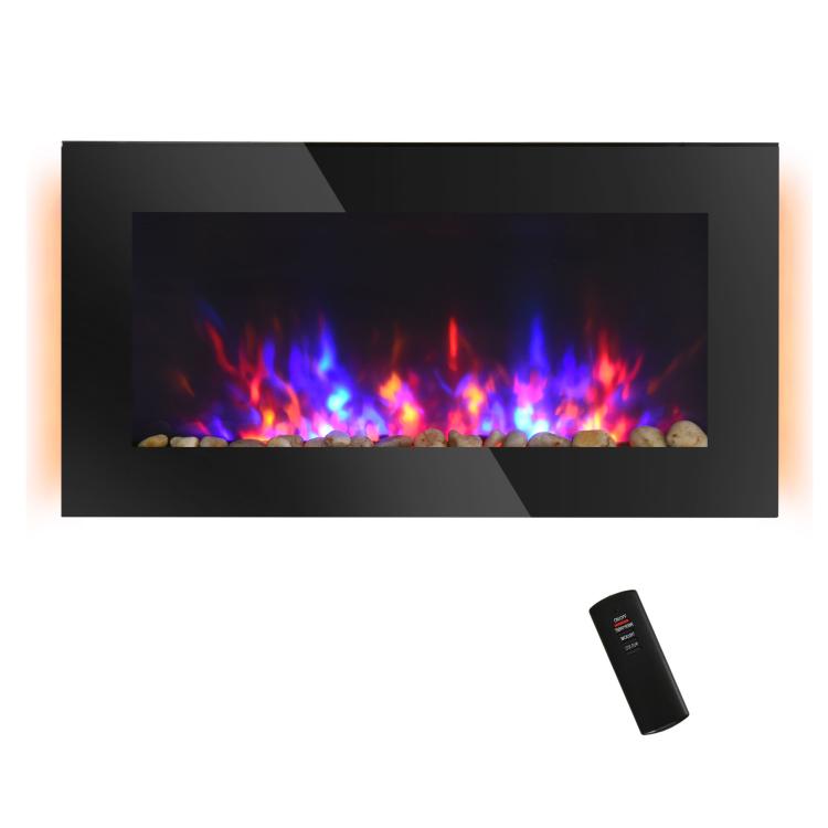 36 inch 1450W Electric Wall-Mounted Fireplace with Flame Effect, 7 Color Background Light and Side Light, Black