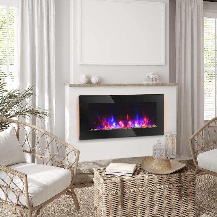 36 inch 1450W Electric Wall-Mounted Fireplace with Flame Effect, 7 Color Background Light and Side Light, Black
