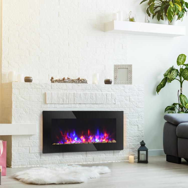 36 inch 1450W Electric Wall-Mounted Fireplace with Flame Effect, 7 Color Background Light and Side Light, Black