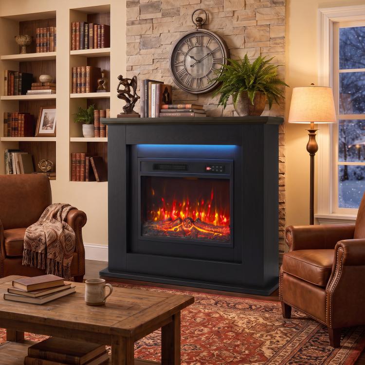40 inch Electric Fireplace with Mantel, LED Strip, Fireplace TV Stand for 55 inch TVs, Adjustable Flame, Black
