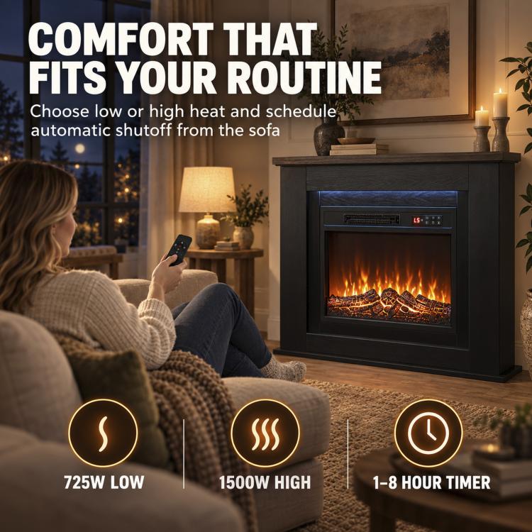 40 inch Electric Fireplace with Mantel, LED Strip, Fireplace TV Stand for 55 inch TVs, Adjustable Flame, Black