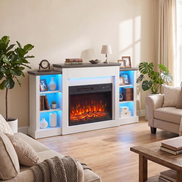 55 inch Fireplace TV Stand for TVs up to 65 inch, Entertainment Center TV Console, RGB LED Strips, 6 Shelves, White Wood Grain