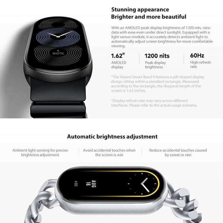 Original Xiaomi Smart Band 9 Global 1.62 inch AMOLED Screen 5ATM Waterproof Smart Watch, Support Blood Oxygen / Heart Rate Monitor, Smart Band 9 Global Black, Smart Band 9 Global Silver
