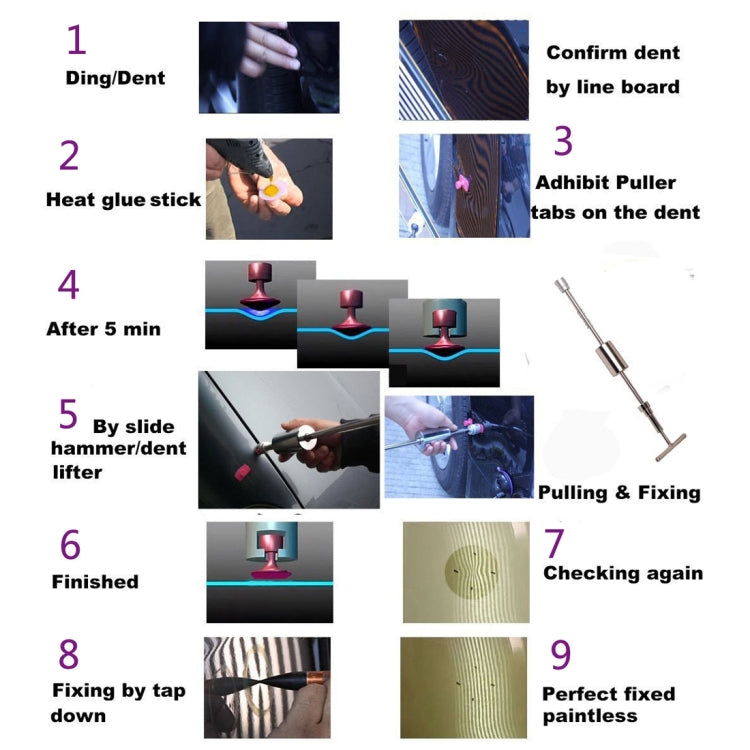 Auto Repair Body Tool Kit PDR Dent Paintless Repair Tools Dent Puller Slide Hammer Reverse Hammer Aluminum Suction Cups for Dent - LYDARZ