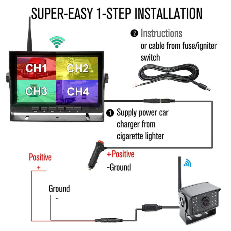 Monitor retrovisor inalámbrico digital de 7 pulgadas para coche, pantalla dividida, cuatro grabaciones, cuatro grabaciones