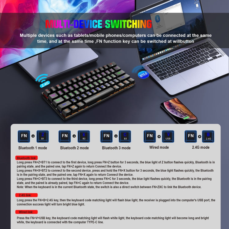 HXSJ L800 61 Tasten Bluetooth 5.0 / 2.4G Wireless / Typ-C Kabelgebundene mechanische Tastatur mit drei Modi