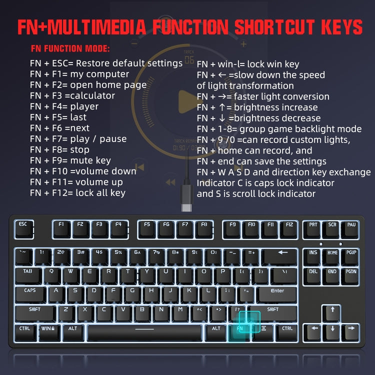HXSJ L600 87 Tasten USB-C / Typ-C Kabelgebundene mechanische Tastatur mit rotem Schaft und cooler Hintergrundbeleuchtung