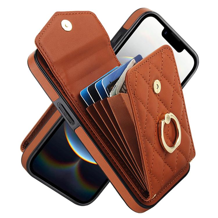 Rhombic Texture Card Bag Phone Case with Long Lanyard