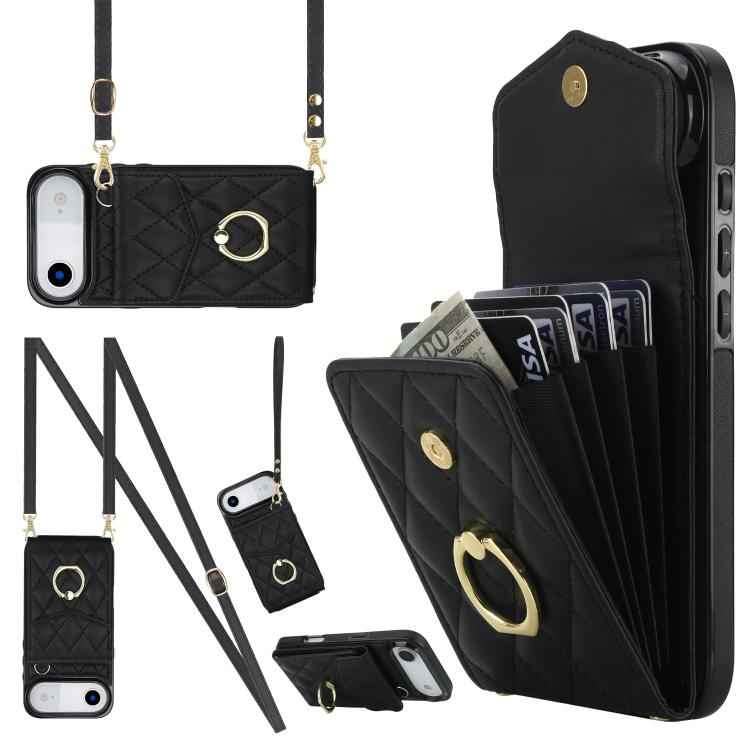 Rhombic Texture Card Bag Phone Case with Long Lanyard