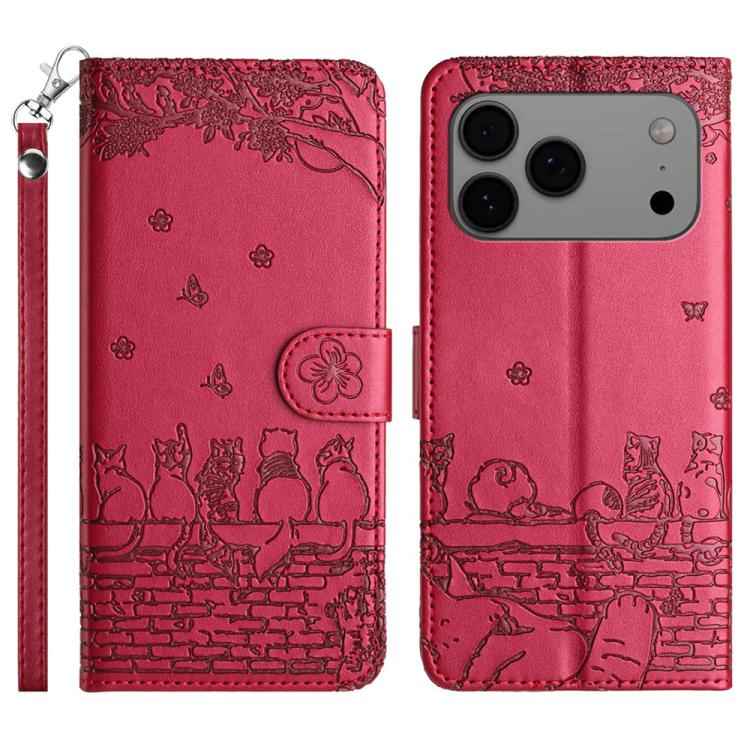 Cat Embossing Pattern Leather Phone Case with Lanyard
