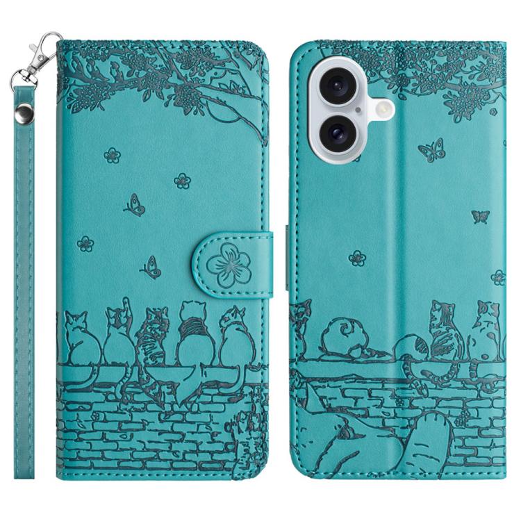Cat Embossing Pattern Leather Phone Case with Lanyard