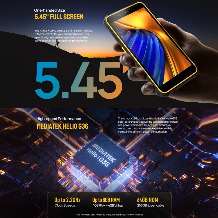Teléfono robusto Ulefone Armor X12 Pro: resistente al agua IP68/IP69K, pantalla de 5,45", Android 14, MediaTek Helio G36, 4 GB de RAM, 64 GB de almacenamiento, 4G, NFC