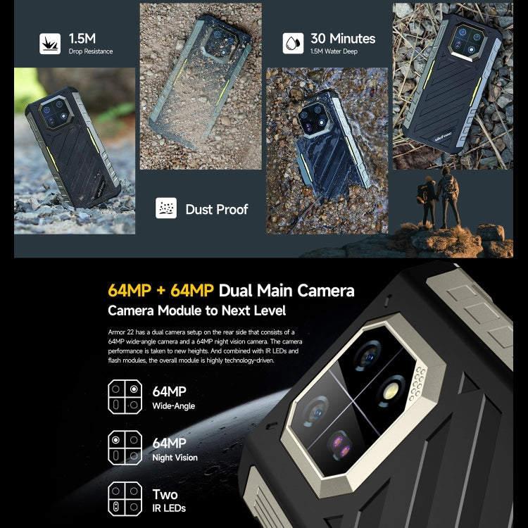 Ulefone Armor 22, IP68/IP69K Rugged Phone, 8GB+256GB, 6.58 inch Android 13 MediaTek Helio G96 Octa Core