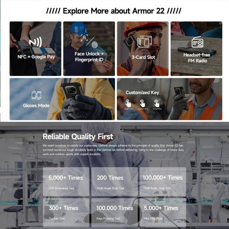 Ulefone Armor 22, IP68/IP69K Rugged Phone, 8GB+256GB, 6.58 inch Android 13 MediaTek Helio G96 Octa Core