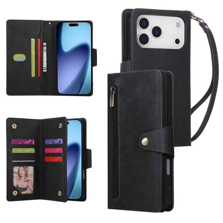 Rivet Buckle 9 Cards Three Fold Leather Phone Case