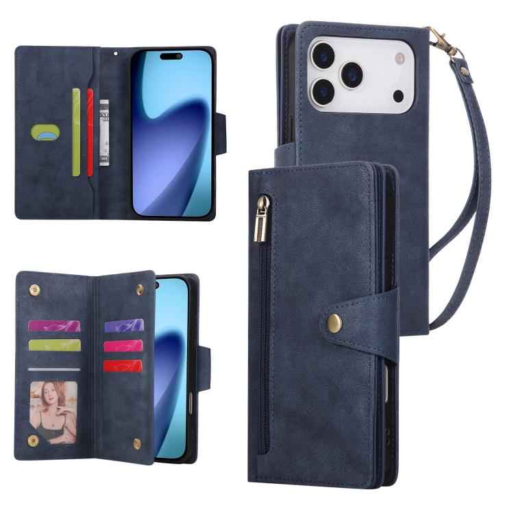 Rivet Buckle 9 Cards Three Fold Leather Phone Case