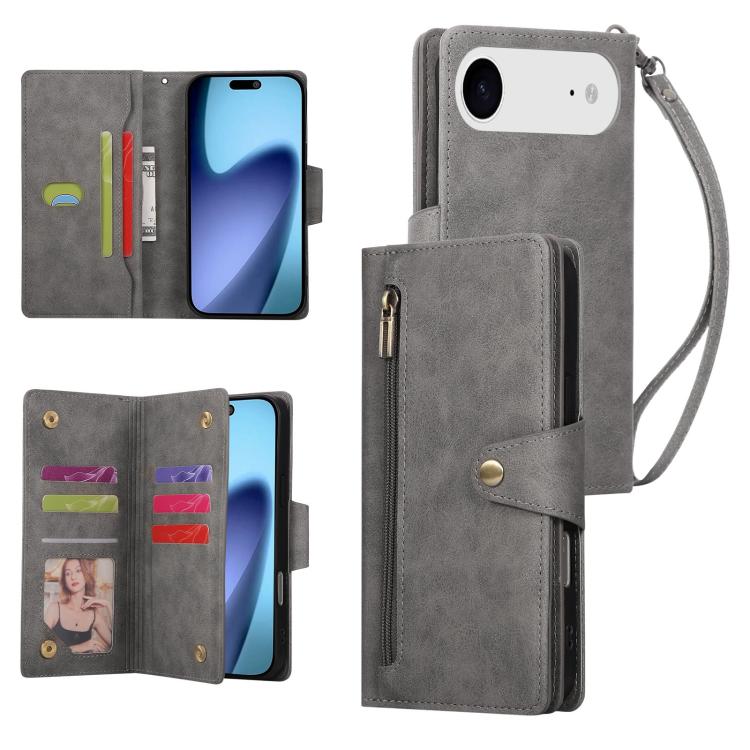 Rivet Buckle 9 Cards Three Fold Leather Phone Case