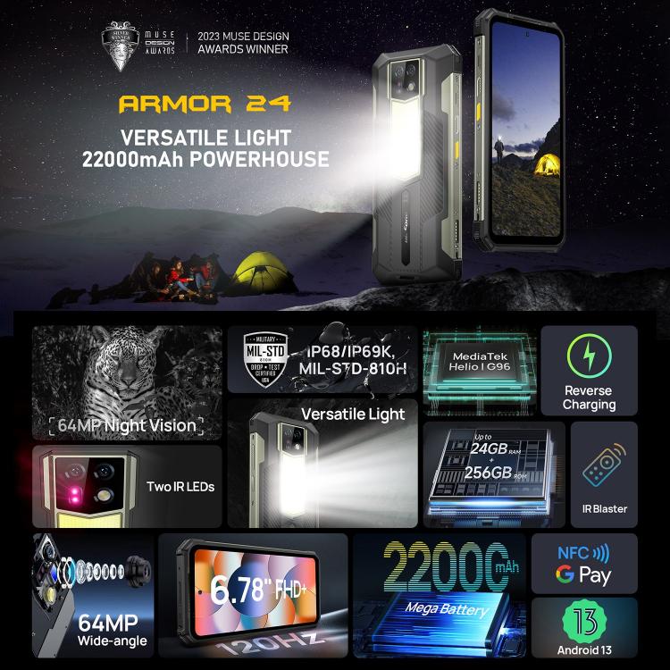 Ulefone Armor 24, Rugged Phone, 12GB+256GB, 22000mAh, 6.78 inch Android 13 MediaTek Helio G96 Octa Core