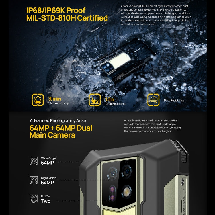 Ulefone Armor 24, Rugged Phone, 12GB+256GB, 22000mAh, 6.78 inch Android 13 MediaTek Helio G96 Octa Core