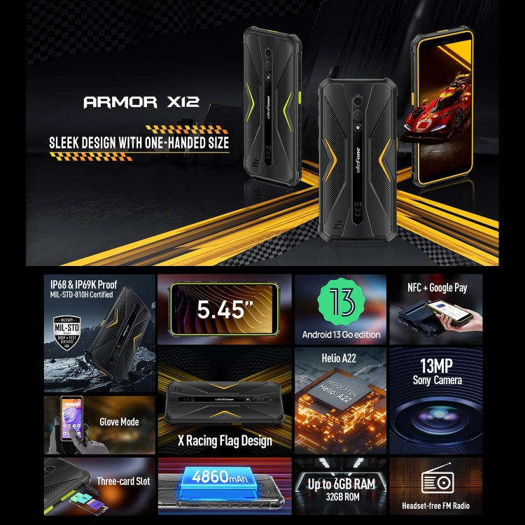 Teléfono robusto Ulefone Armor X12 con desbloqueo facial, pantalla de 5,45 pulgadas, Android 13 Go, MediaTek Helio A22, 3 GB + 32 GB, NFC 4G